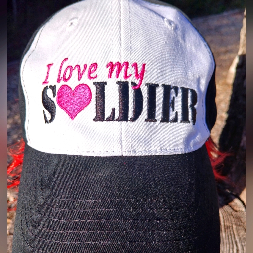 I Love My Soldier Cap Hat Embroidered Pink Hearts Armed Forces Support Sporty